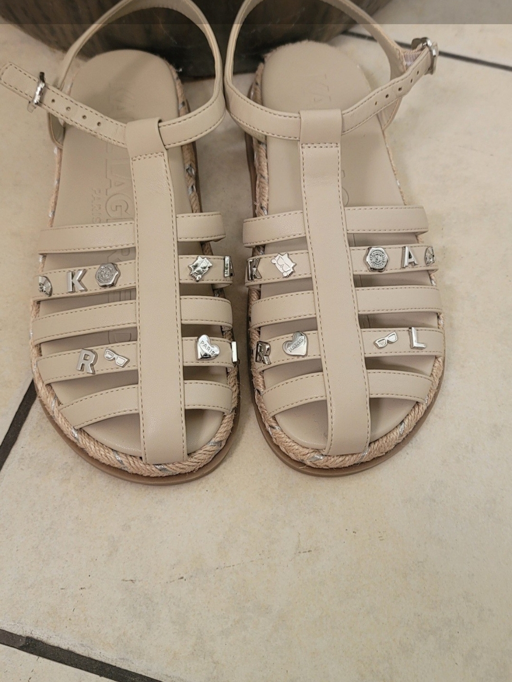 Karl Lagerfeld Beige Strappy Gladiator Sandals with Silver Logo Charms